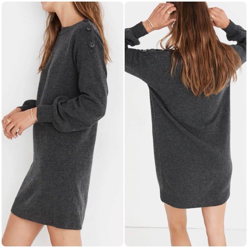 Madewell Merino Wool Gray Boatneck Button-Shoulder Sweater Dress Womens sz S